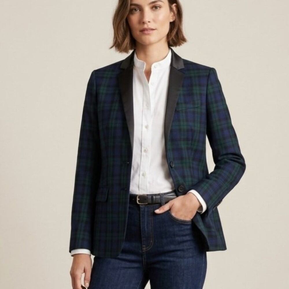 J Crew Regent Blazer Wool F8196 One Button Black Watch Tartan Plaid Blue 6 S